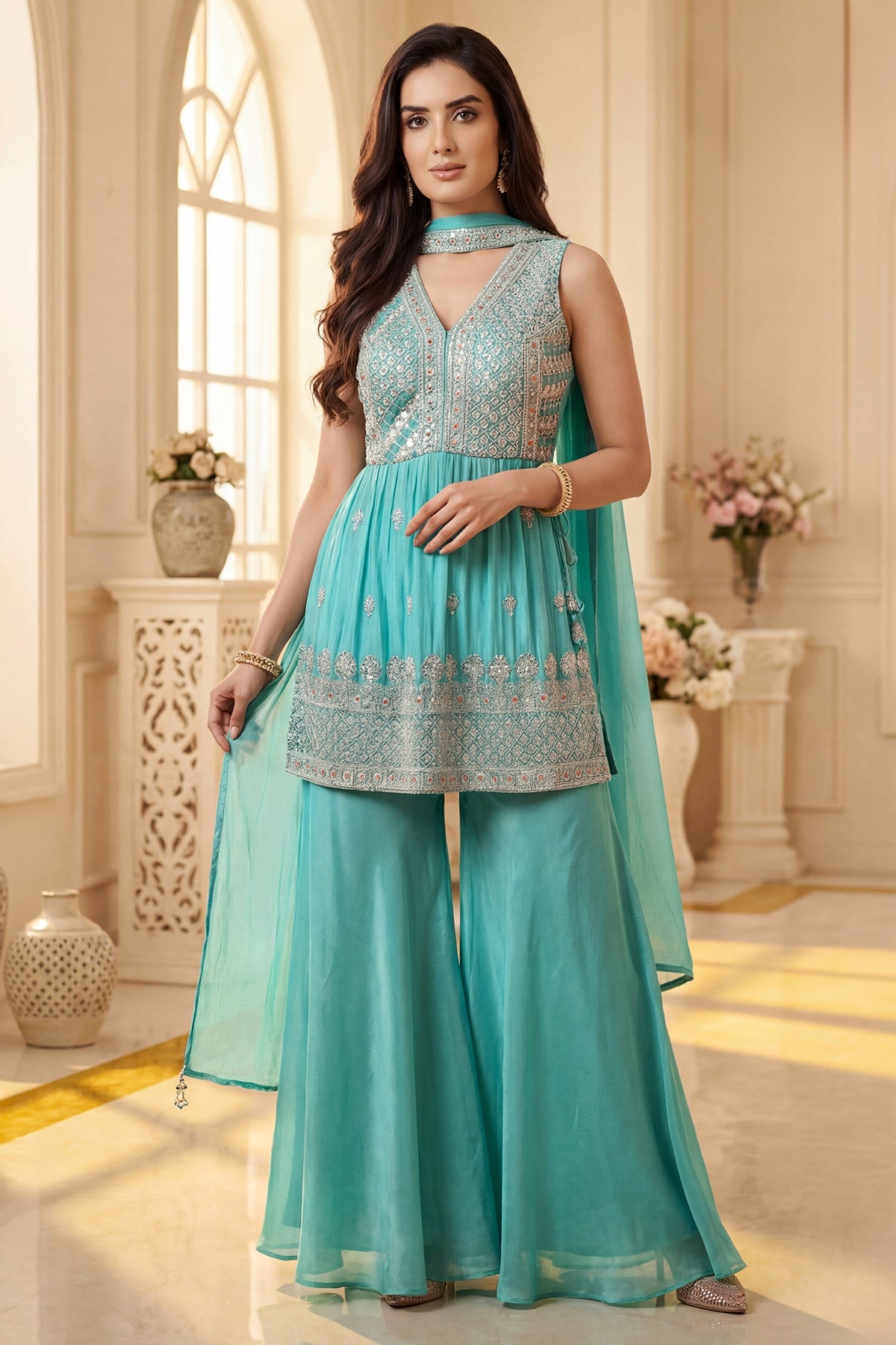 Sea Green Glass Tissue Organza Embroidered Palazzo Suit - red organza saree embroidered