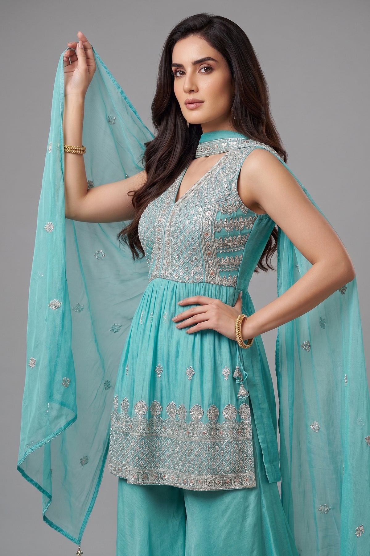 Sea Green Glass Tissue Organza Embroidered Palazzo Suit - red organza saree embroidered