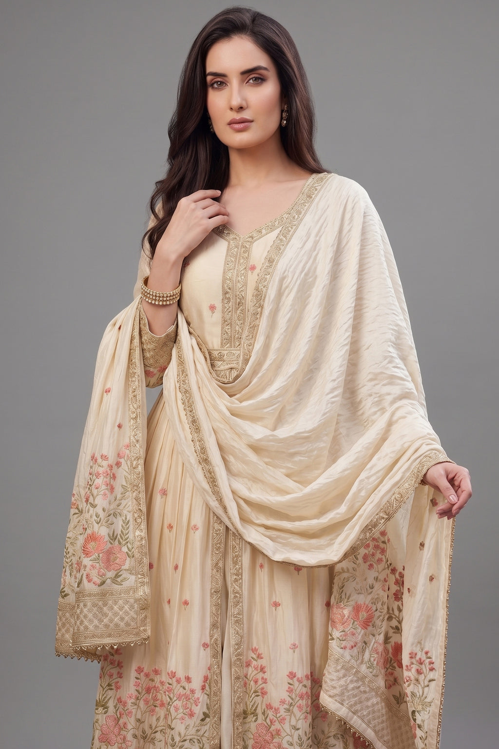 Cream Chinon Floral Embroidered Slit Cut Palazzo Suit - red saree embroidered