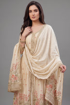 Cream Chinon Floral Embroidered Slit Cut Palazzo Suit - red saree embroidered