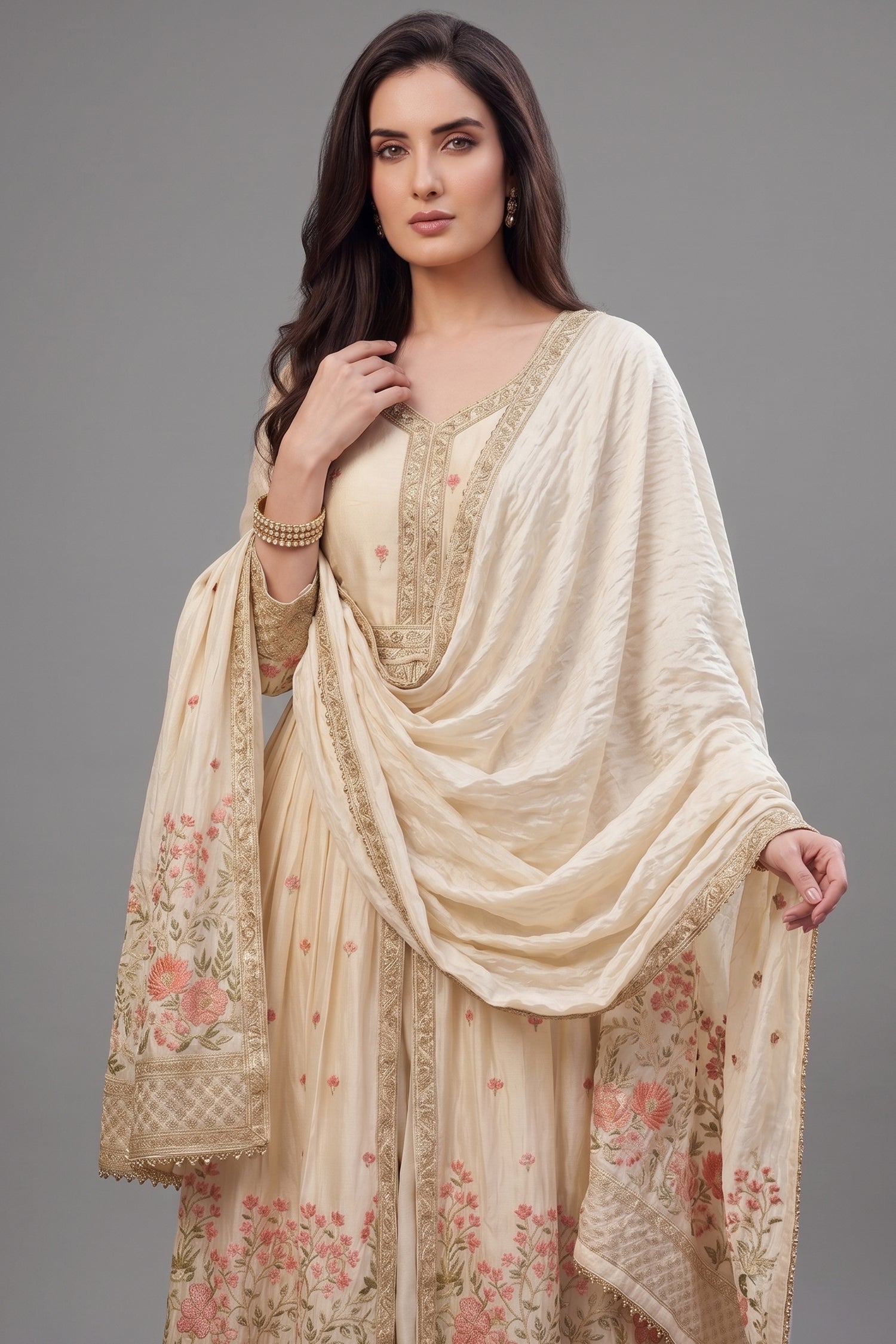 Cream Chinon Floral Embroidered Slit Cut Palazzo Suit - red saree embroidered