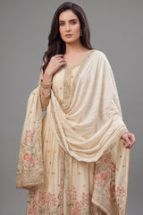 Cream Chinon Floral Embroidered Slit Cut Palazzo Suit - red saree embroidered
