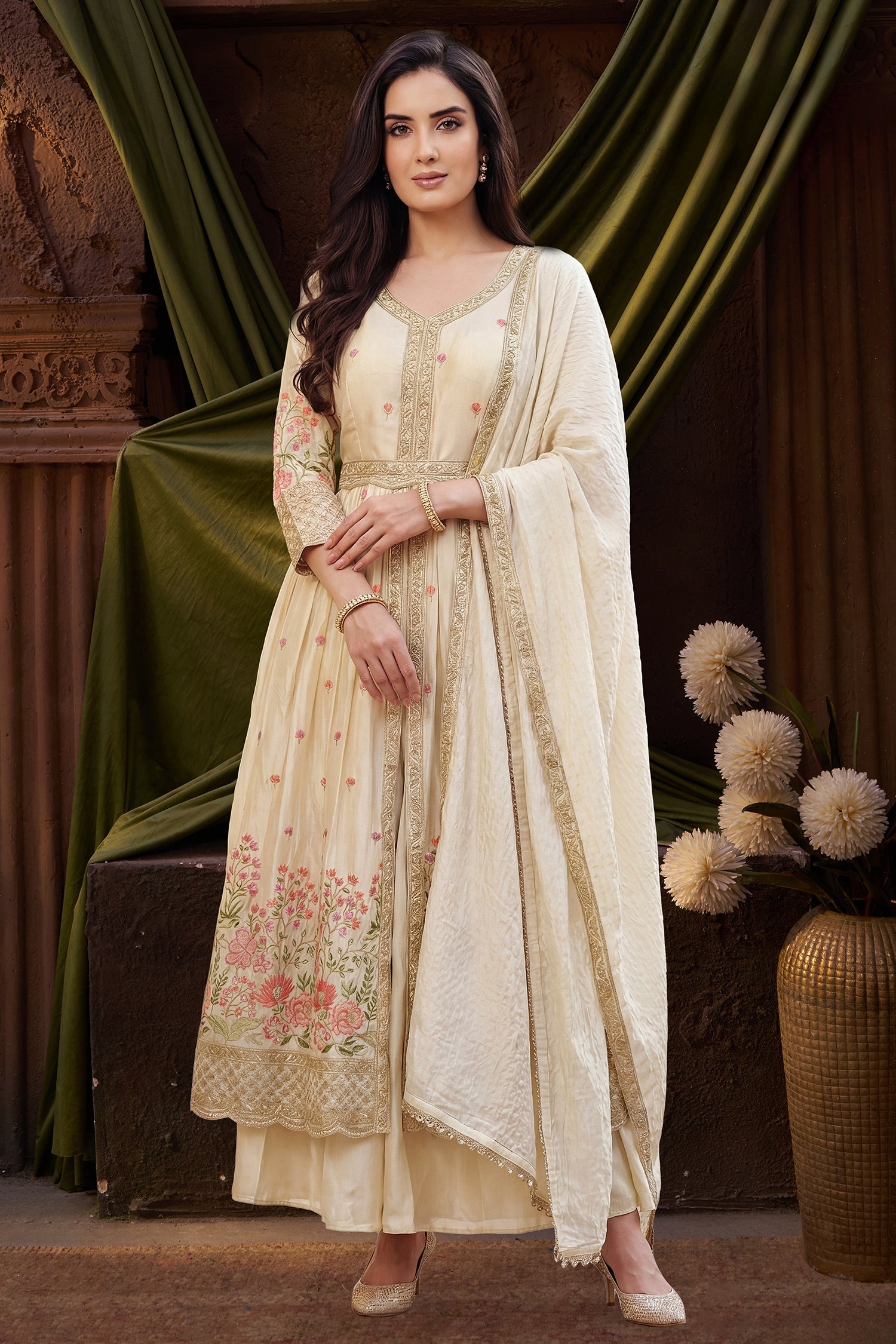 Cream Chinon Floral Embroidered Slit Cut Palazzo Suit - red saree embroidered