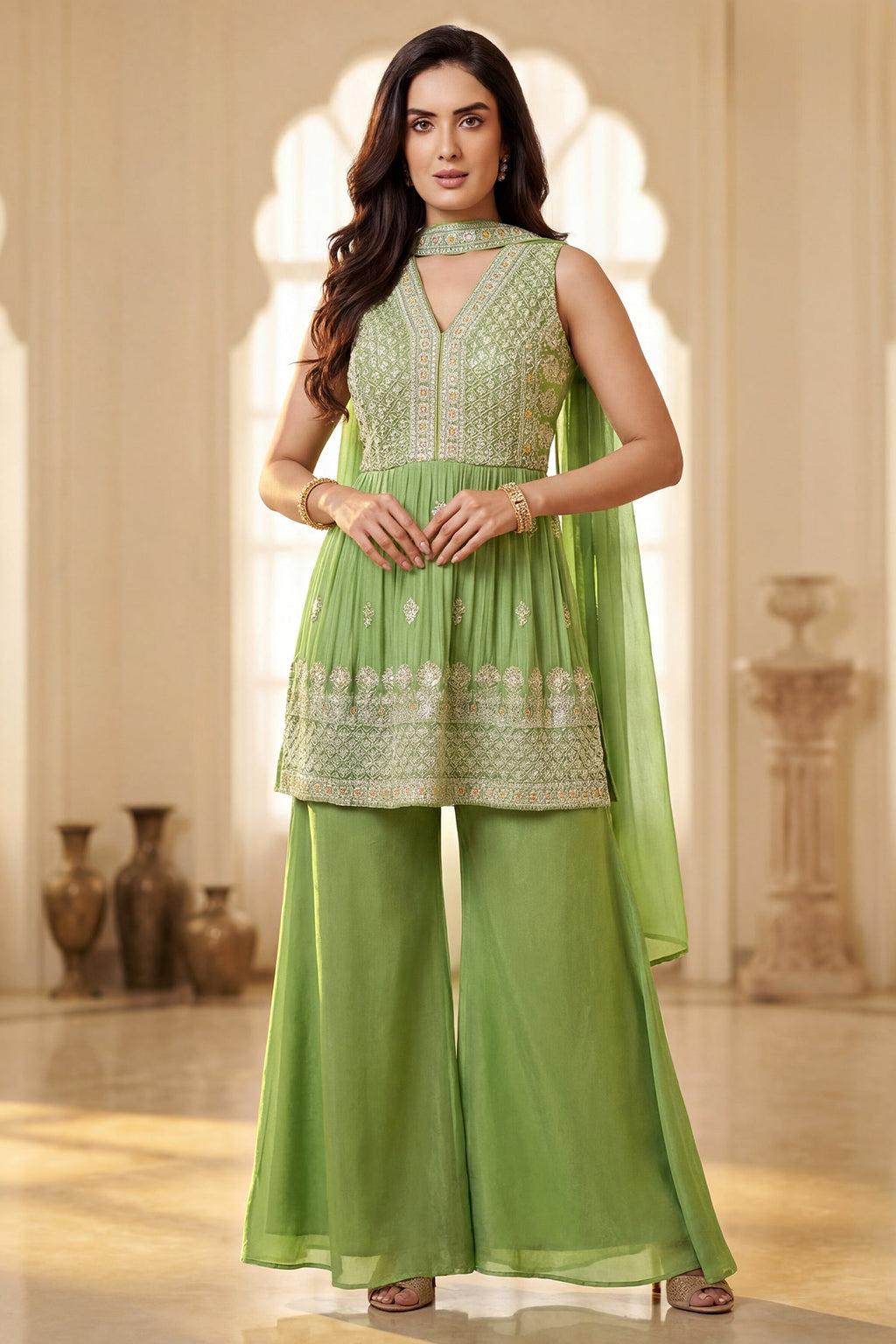 Parrot Green Organza Embroidered Peplum Style Straight Cut Palazzo Suit - red organza saree embroidered