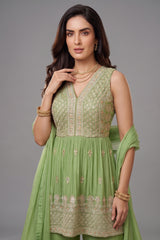 Parrot Green Organza Embroidered Peplum Style Straight Cut Palazzo Suit