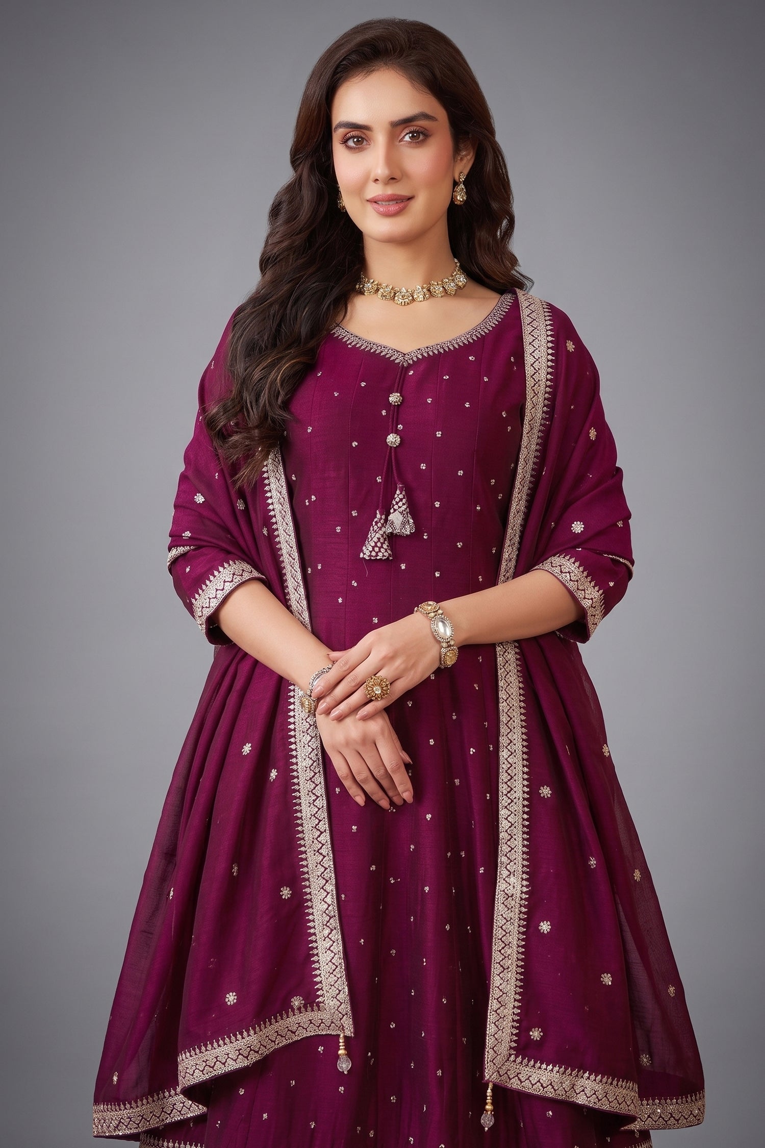 Magenta Art Silk Sequin Embroidery Anarkali Palazzo Suit - magenta silk saree embroidery