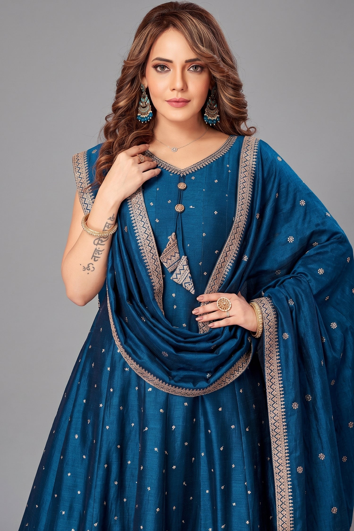 Rama Blue Art Silk Sequin Embroidery Anarkali Palazzo Suit - blue silk saree embroidery