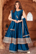 Rama Blue Art Silk Sequin Embroidery Anarkali Palazzo Suit - blue silk saree embroidery