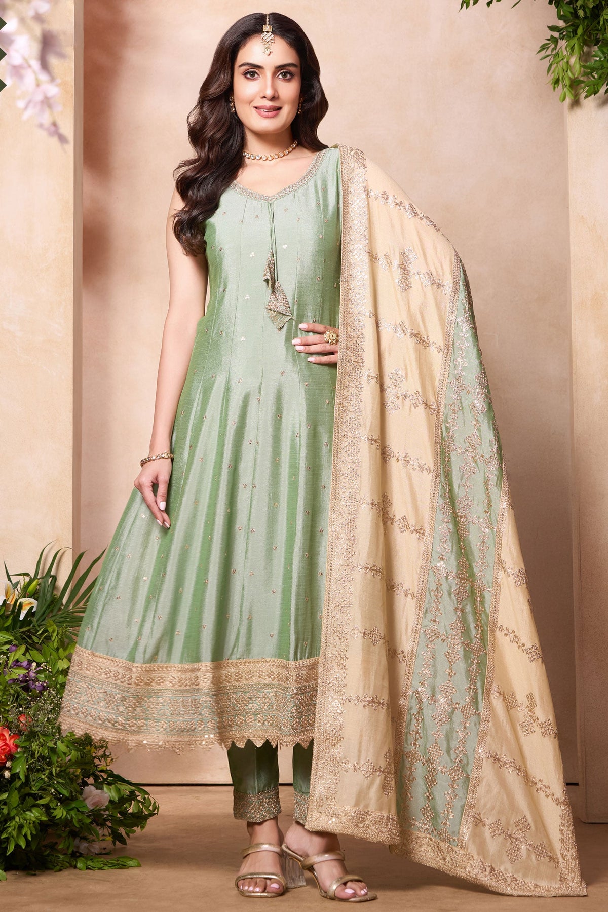 Light Pista Green Art Silk Sequin Embroidered Anarkali Suit