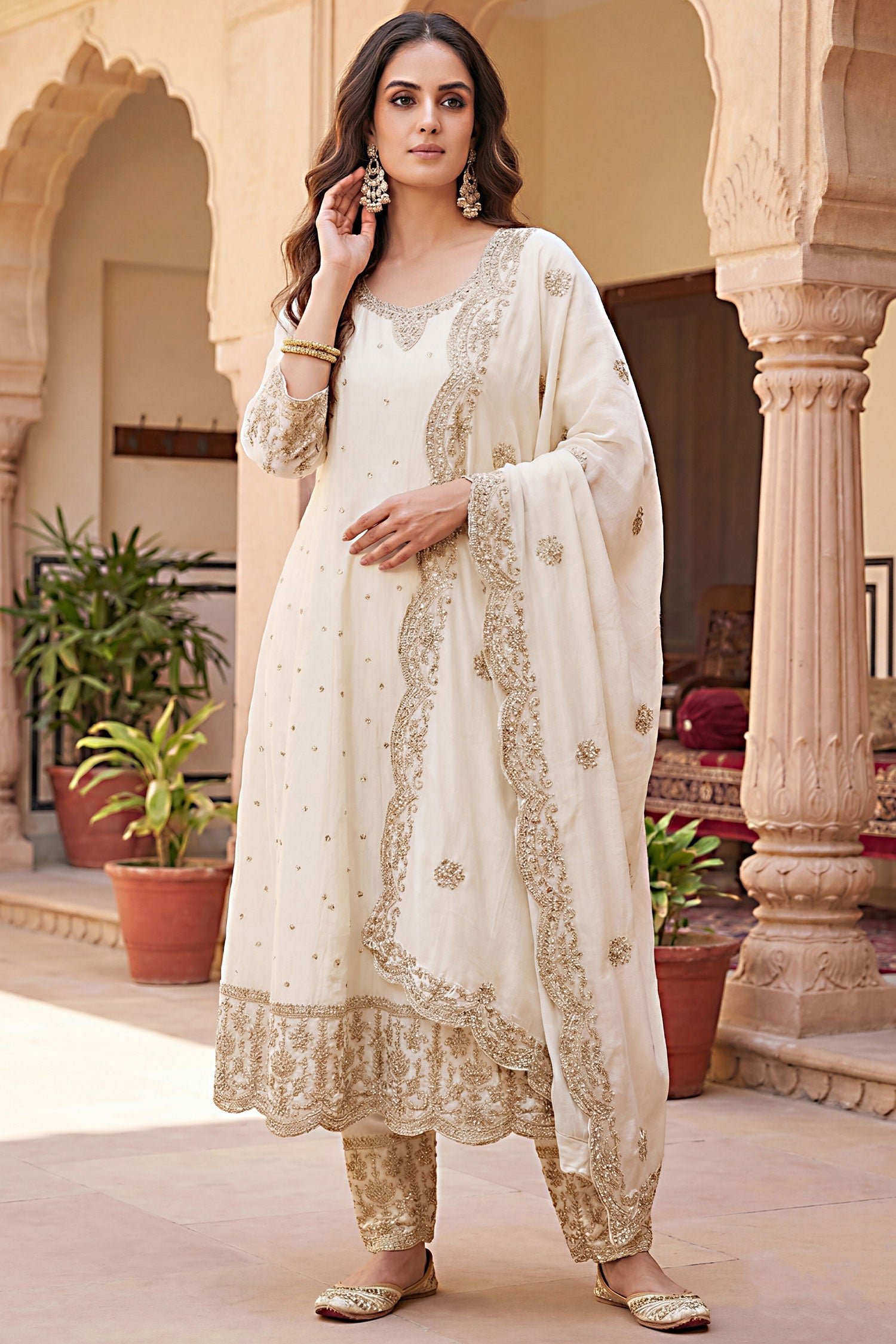 Pearl White Art Silk Sequin Embroidered Anarkali Suit with Scallop Border Secondary image