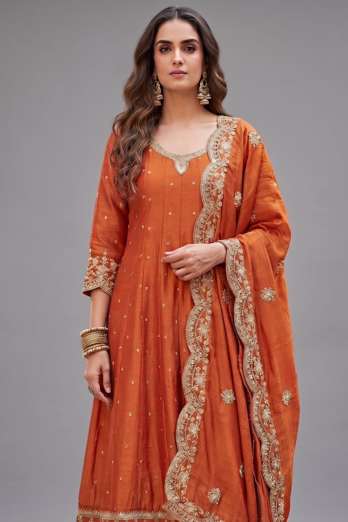 Orange Art Silk Sequin Embroidered Anarkali Suit with Scallop Border - red silk saree embroidered