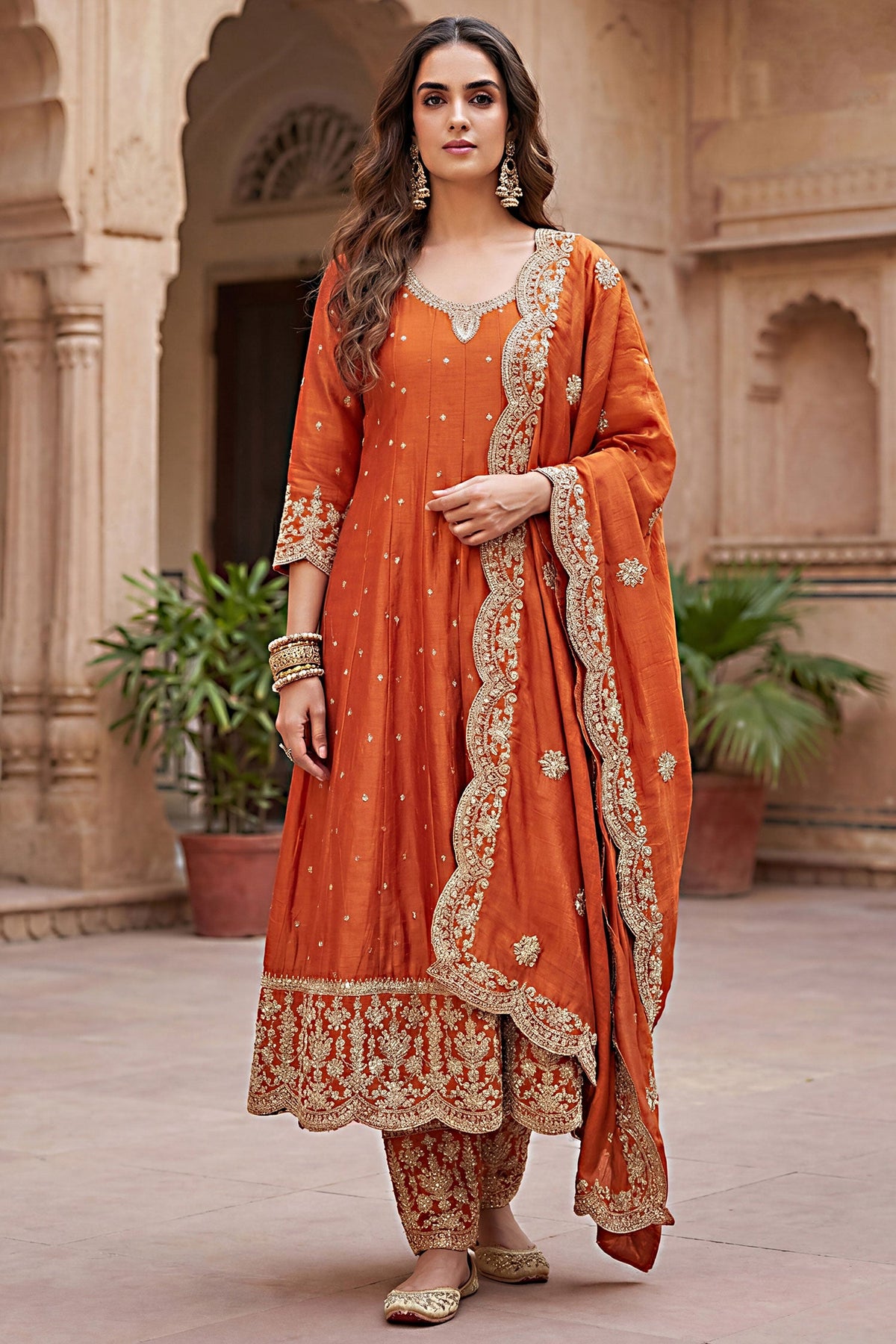Orange Art Silk Sequin Embroidered Anarkali Suit with Scallop Border - red silk saree embroidered
