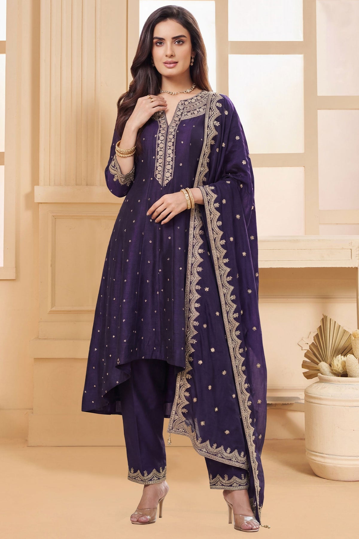 Purple Art Silk Sequin Embroidered High and Low Suit