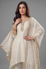 Pearl White Art Silk Sequin Embroidered High and Low Suit