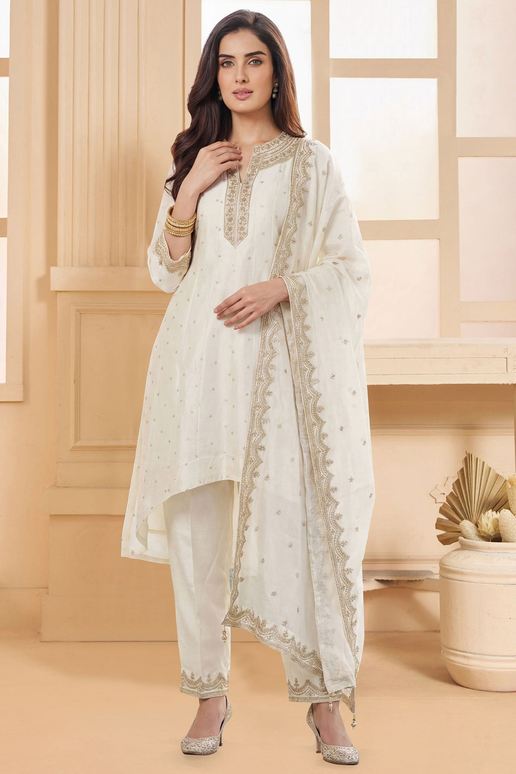 Pearl White Art Silk Sequin Embroidered High and Low Suit - red silk saree embroidered