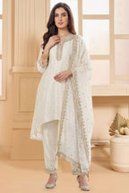 Pearl White Art Silk Sequin Embroidered High and Low Suit - red silk saree embroidered