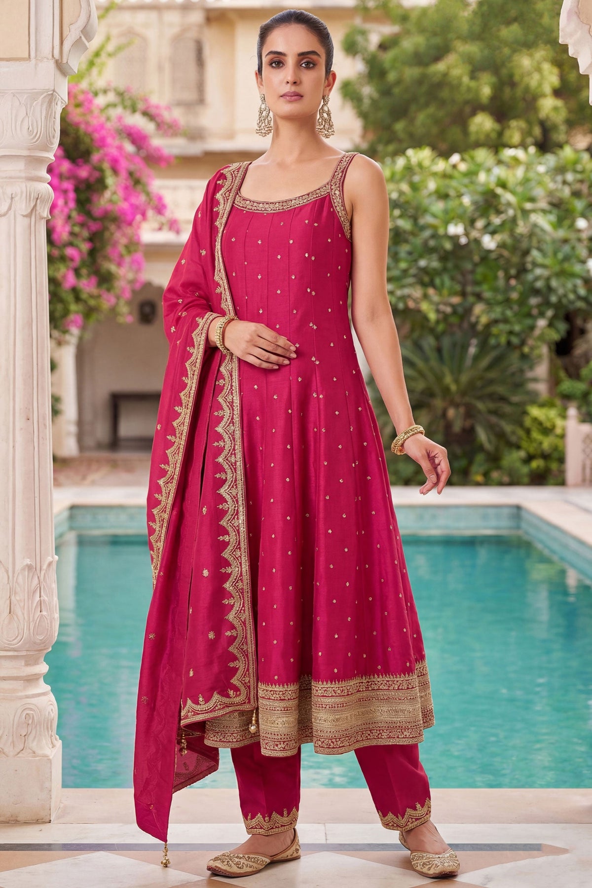 Pink Art Silk Sequins Embroidery Worked Anarkali Suit - pink silk saree embroidery