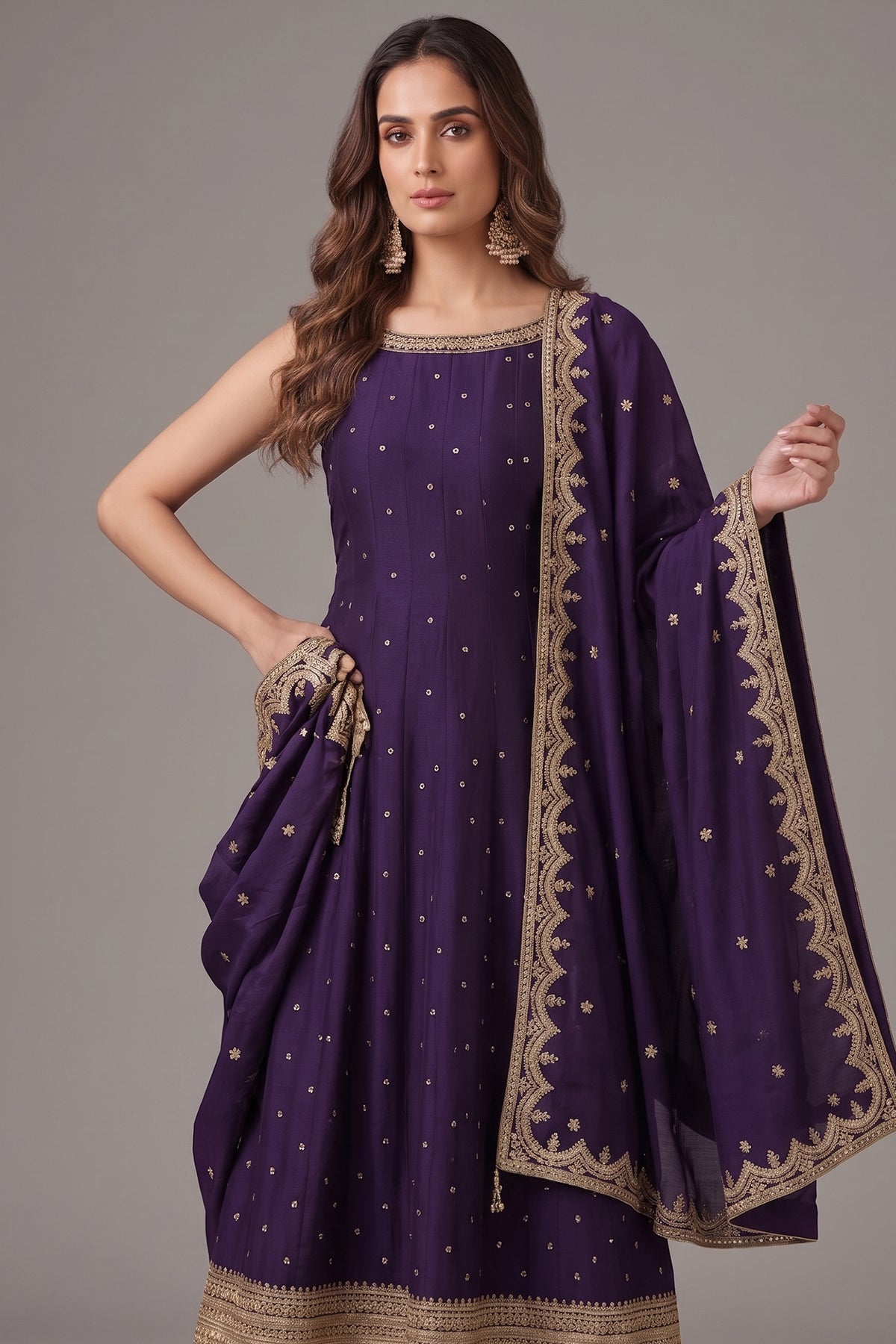 Purple Art Silk Sequins Embroidery Worked Anarkali Suit - purple silk saree embroidery