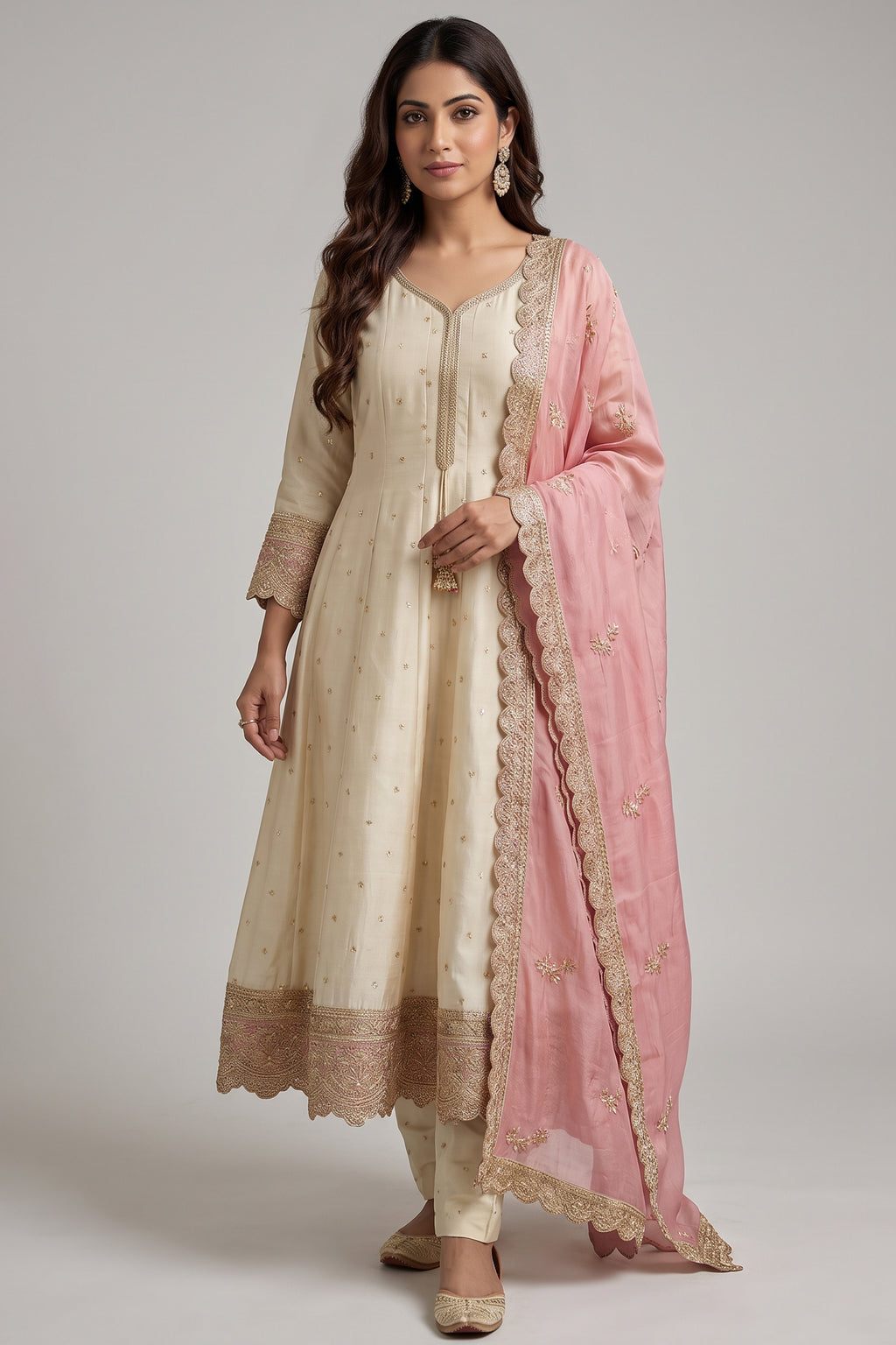 Cream Art Silk Sequin Embroidered Anarkali Suit