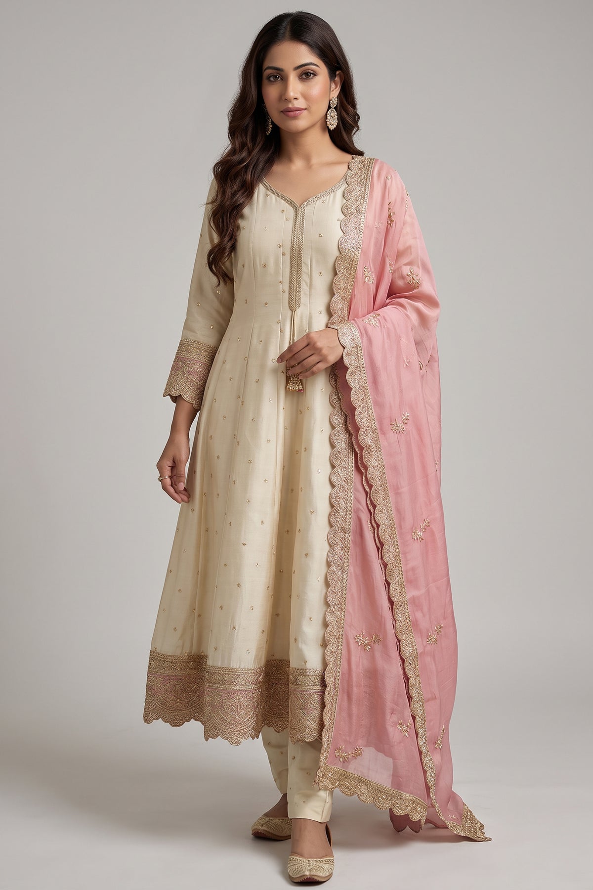 Cream Art Silk Sequin Embroidered Anarkali Suit