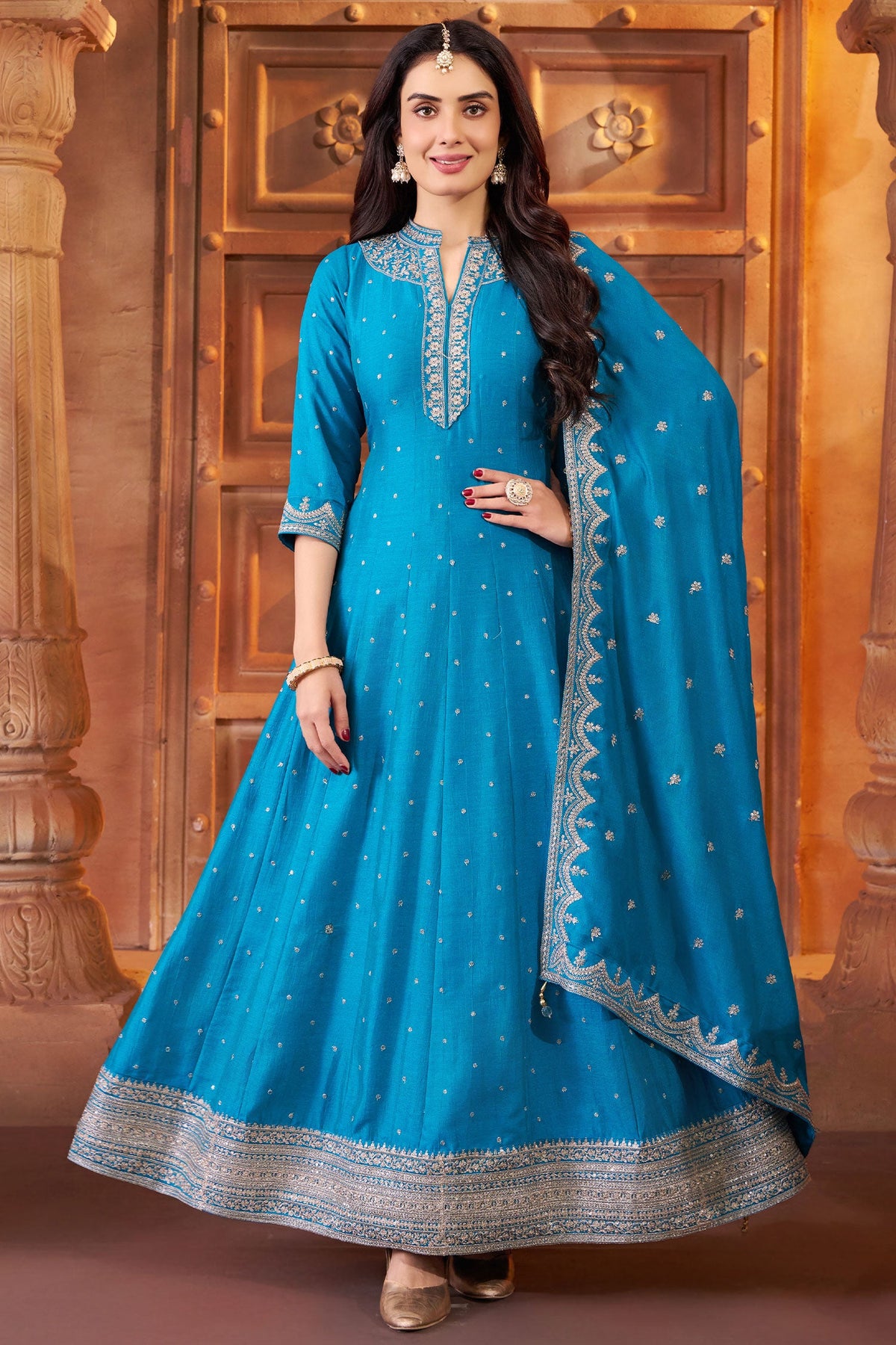 Sky Blue Art Silk Sequin Embroidery Worked Anarkali Suit - blue silk saree embroidery