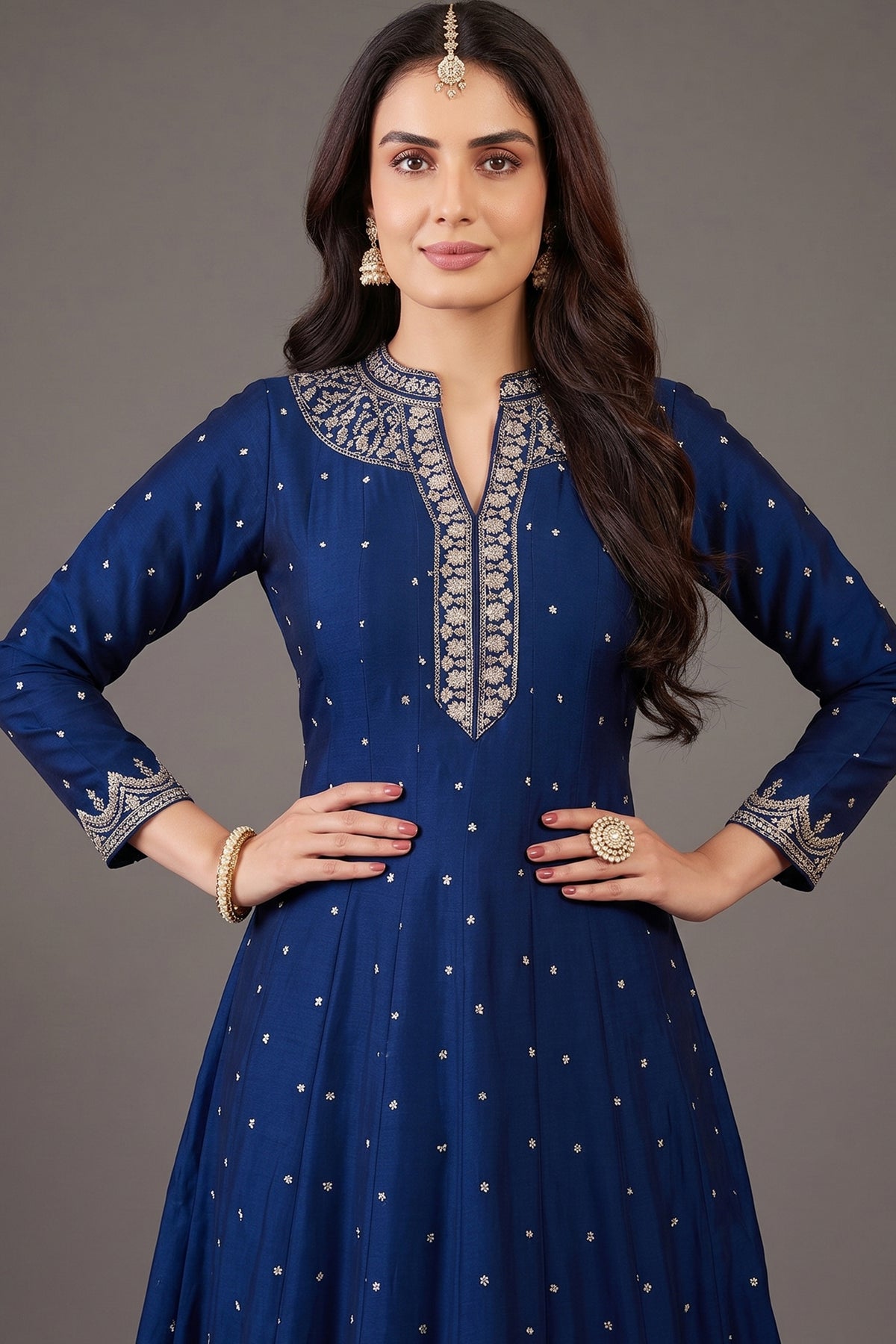 Navy Blue Art Silk Sequin Embroidery Worked Anarkali Suit - blue silk saree embroidery