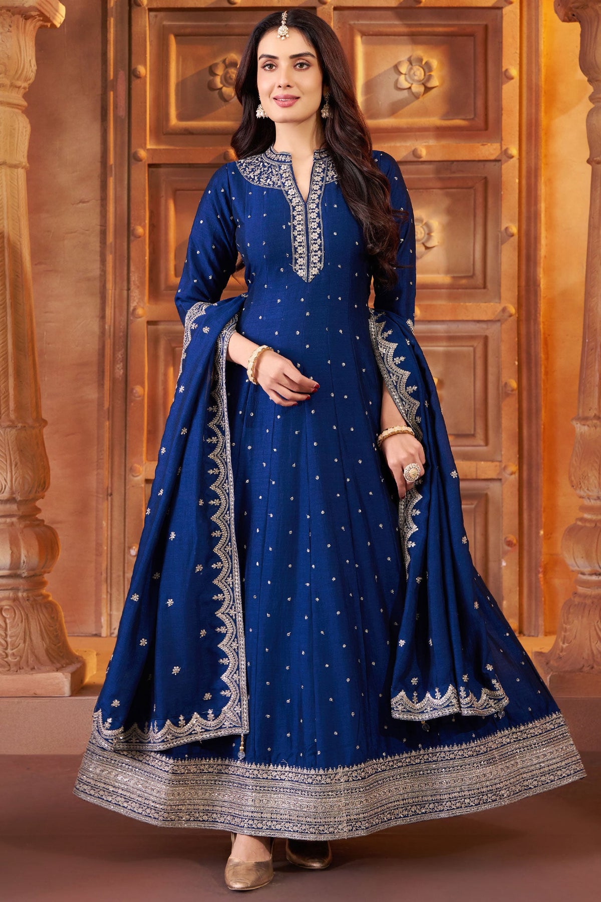 Navy Blue Art Silk Sequin Embroidery Worked Anarkali Suit - blue silk saree embroidery