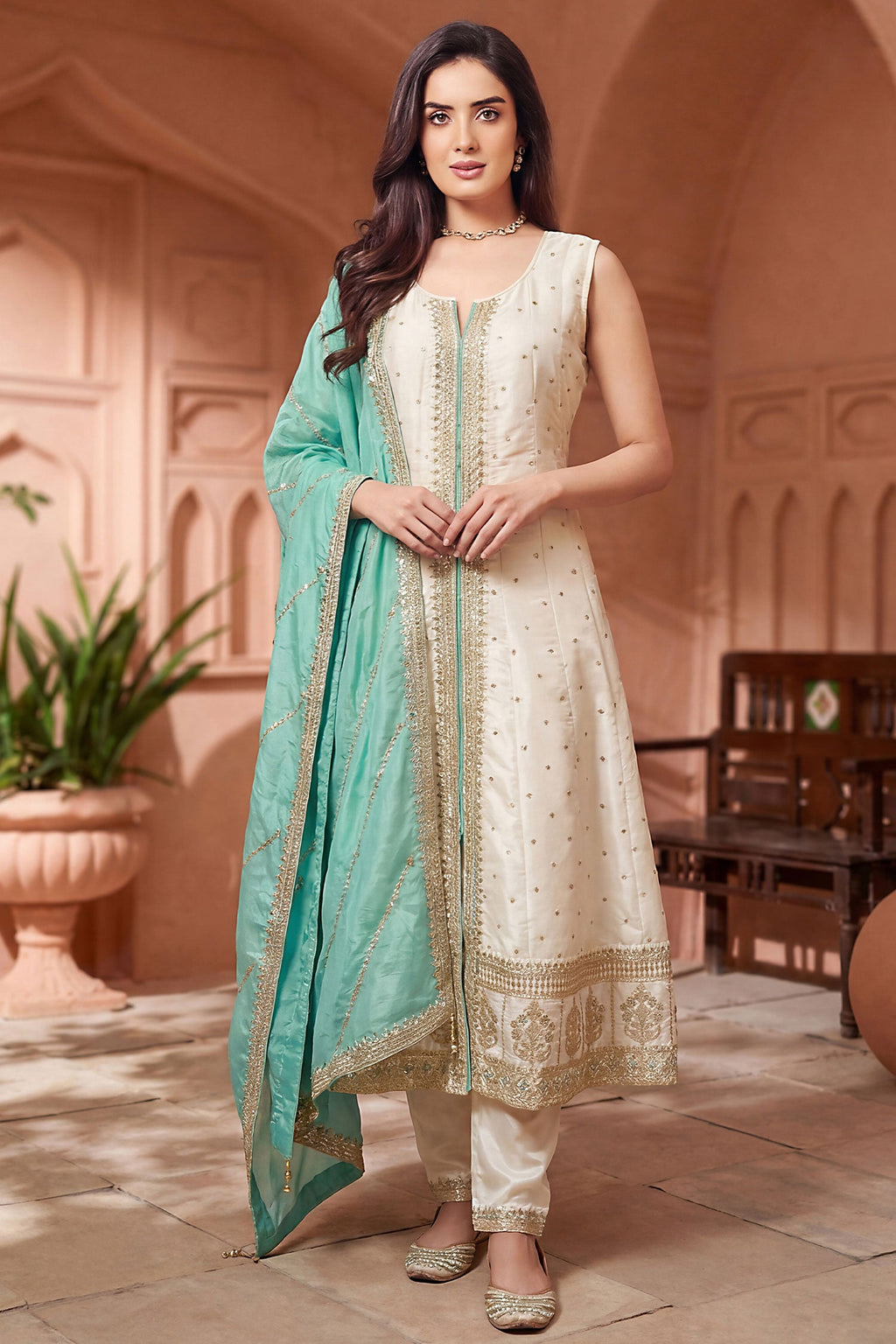 Cream Art Silk Sequin Embroidery Worked Suit - cream silk saree embroidery