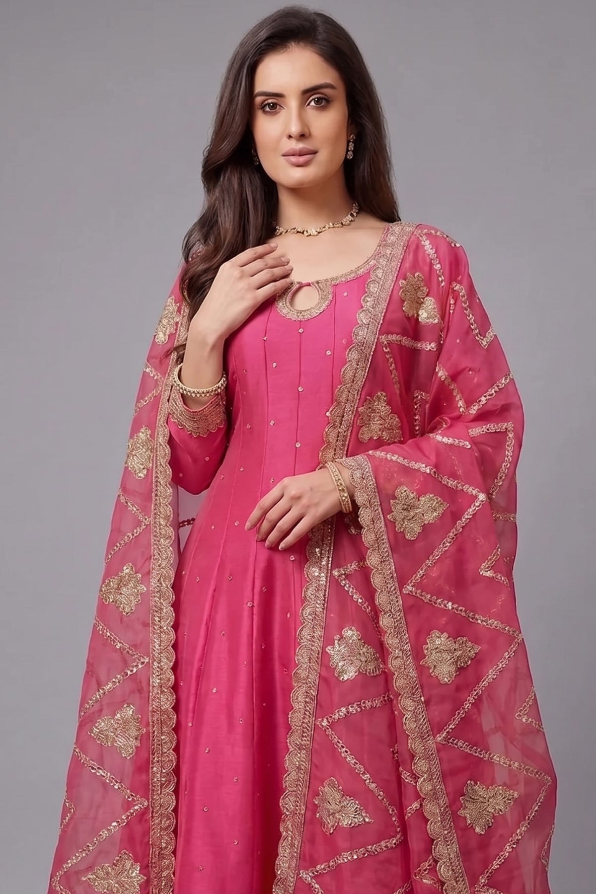 Pink Art Silk Embroidered Anarkali Palazzo Suit - red silk saree embroidered