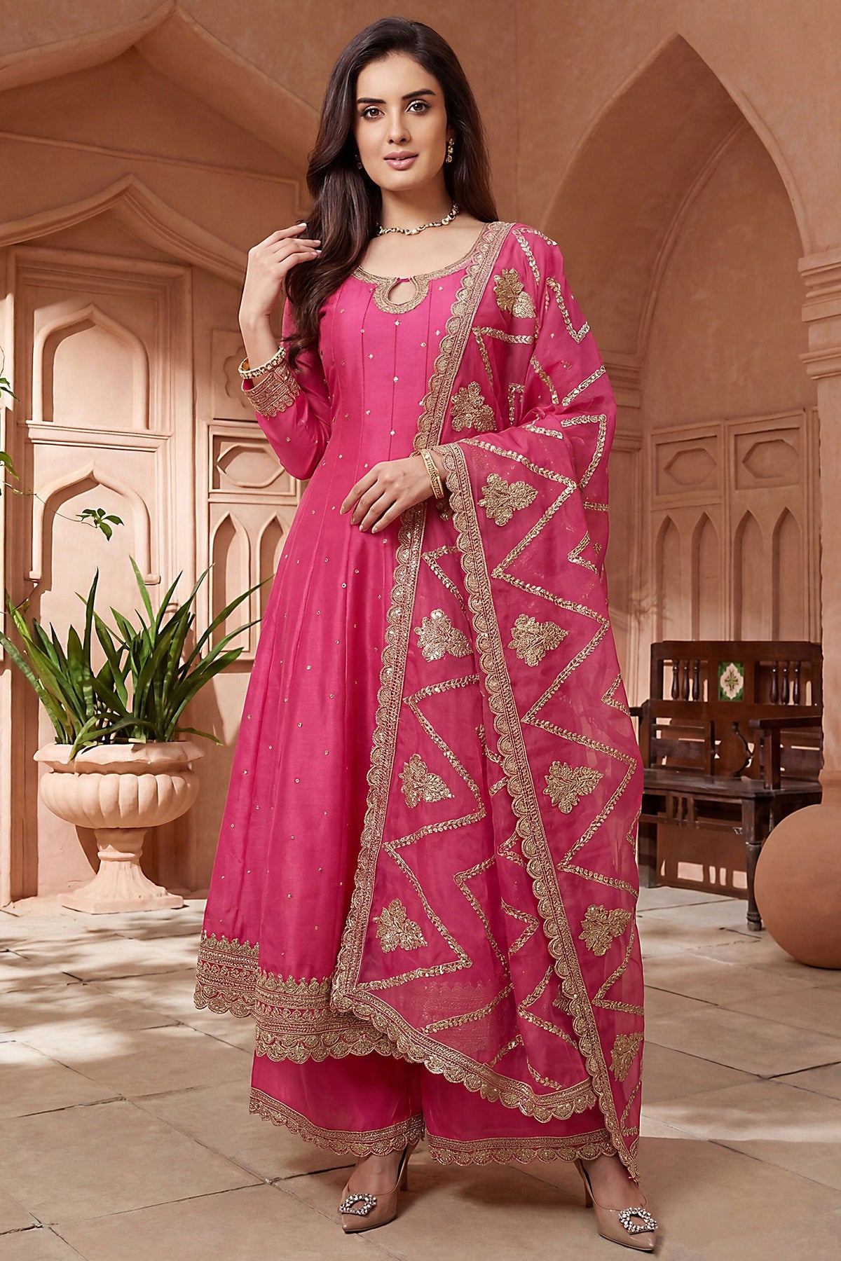 Pink Art Silk Embroidered Anarkali Palazzo Suit