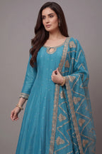 Sky Blue Art Silk Embroidered Anarkali Palazzo Suit - red silk saree embroidered