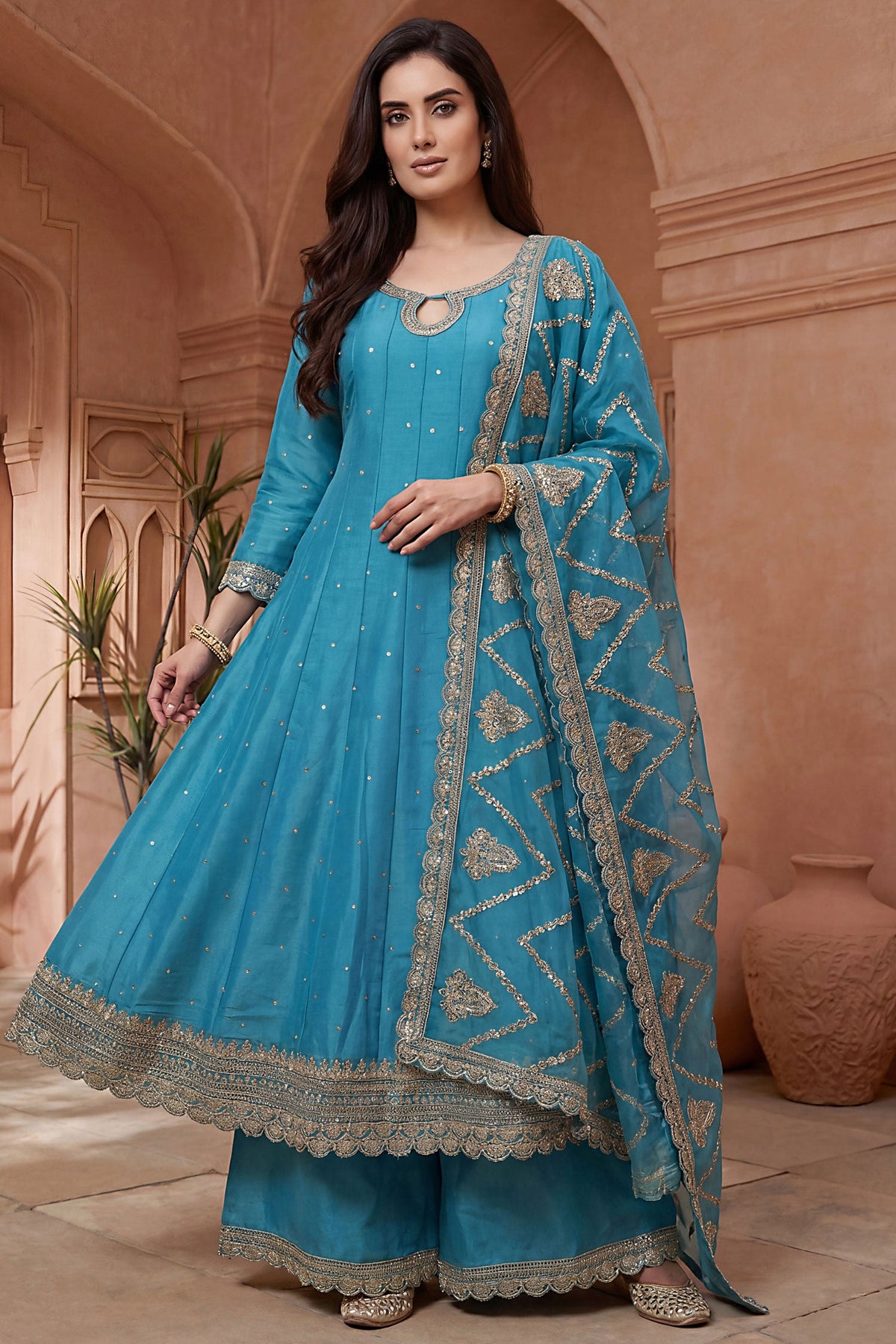 Sky Blue Art Silk Embroidered Anarkali Palazzo Suit - red silk saree embroidered