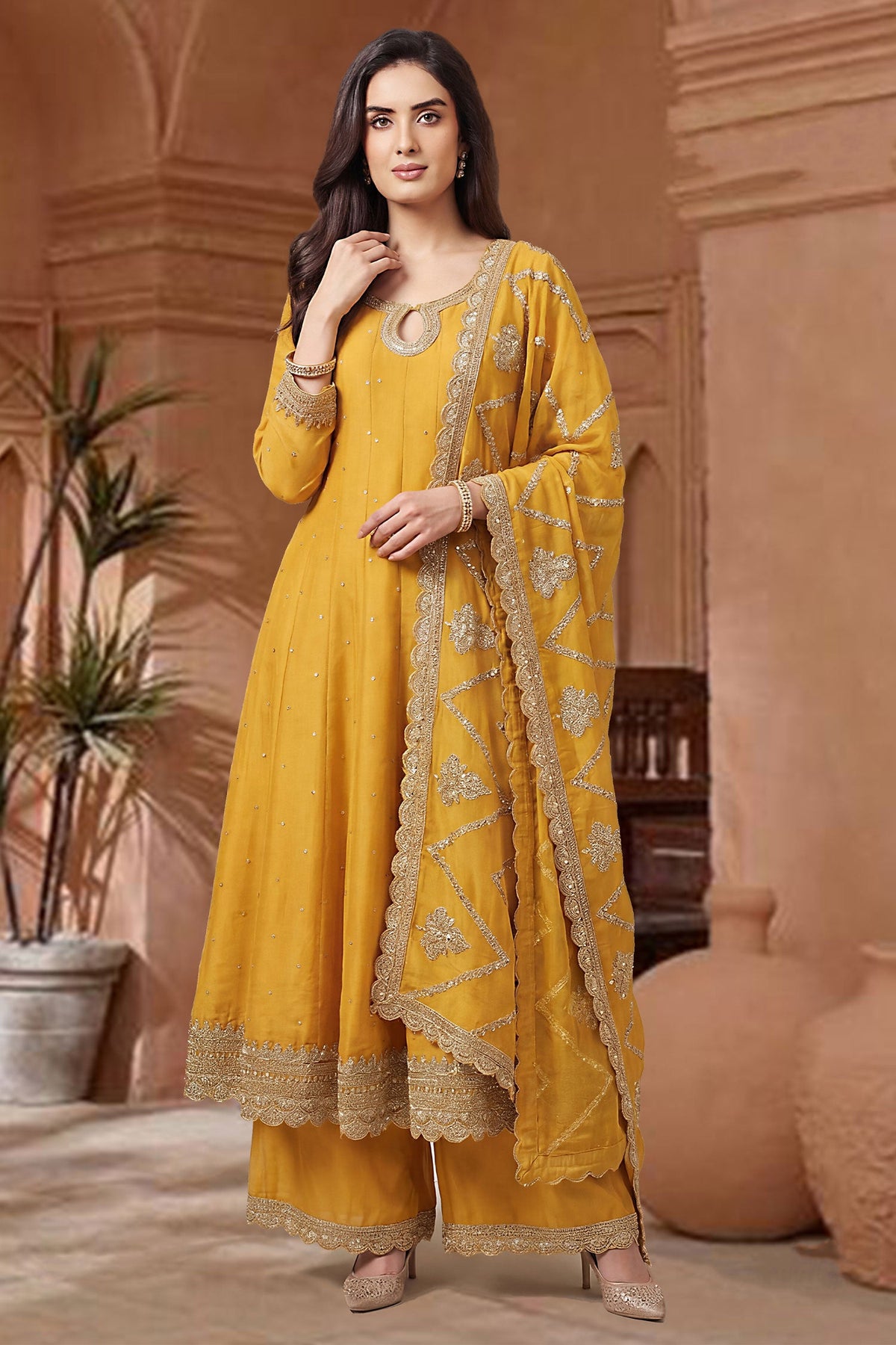 Yellow Art Silk Embroidered Anarkali Palazzo Suit - red silk saree embroidered