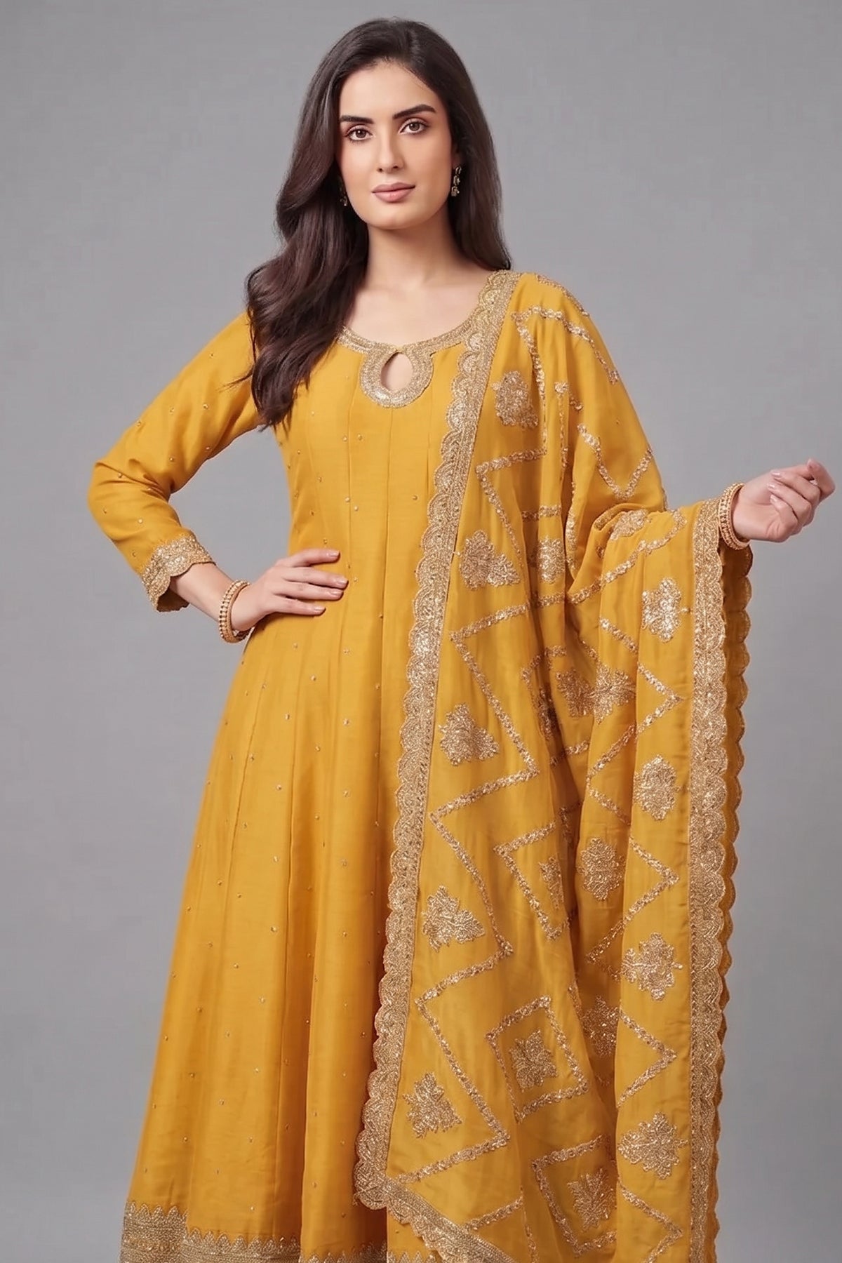 Yellow Art Silk Embroidered Anarkali Palazzo Suit - red silk saree embroidered