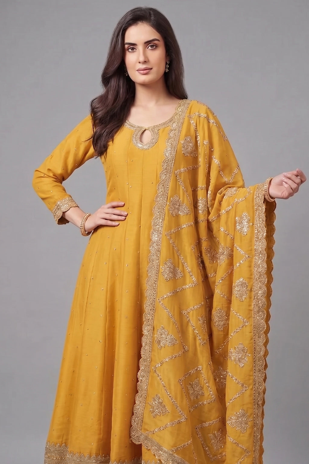 Yellow Art Silk Embroidered Anarkali Palazzo Suit - red silk saree embroidered