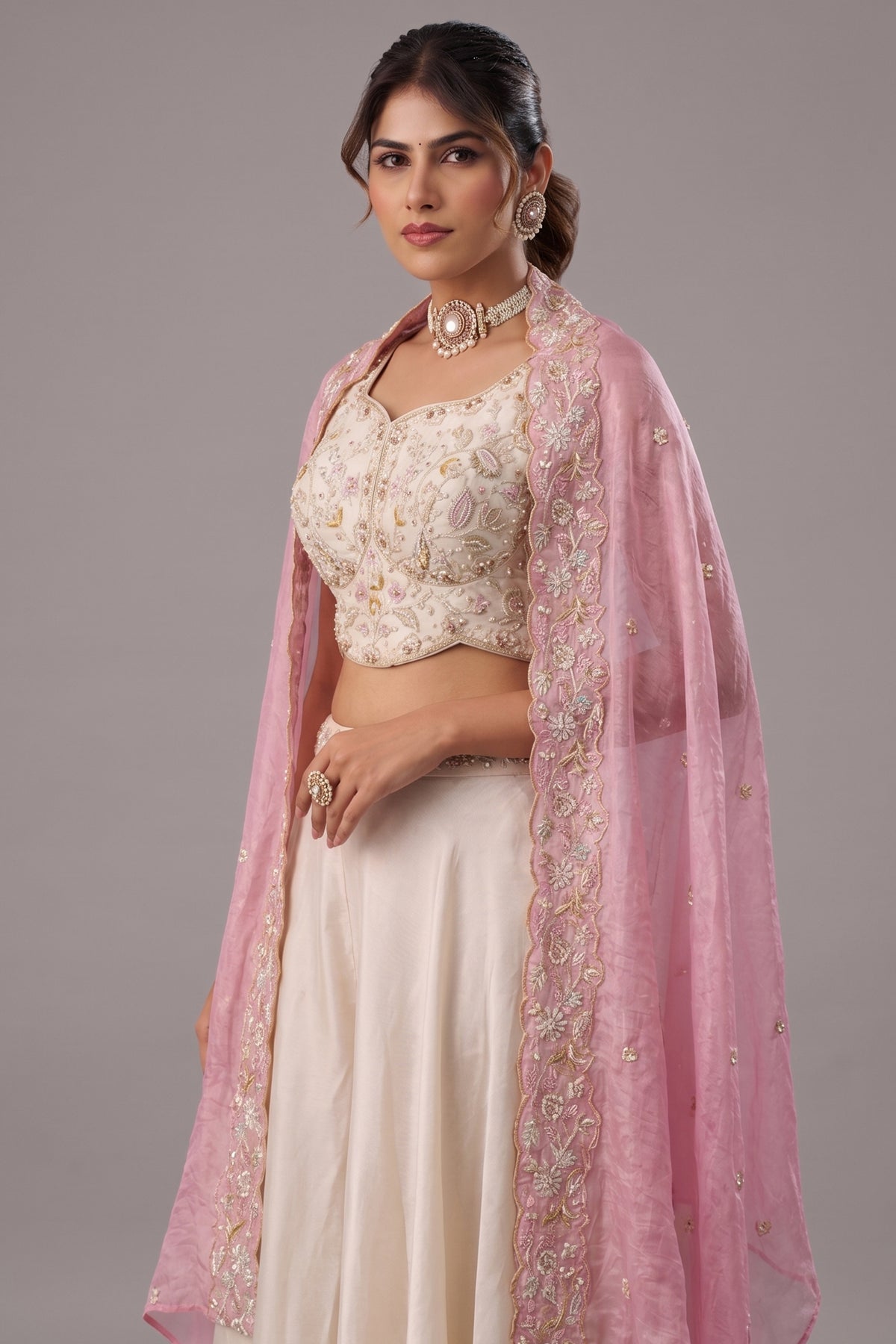 Close-up of intricate embroidery on the Cream Viscose Cape Palazzo Set
