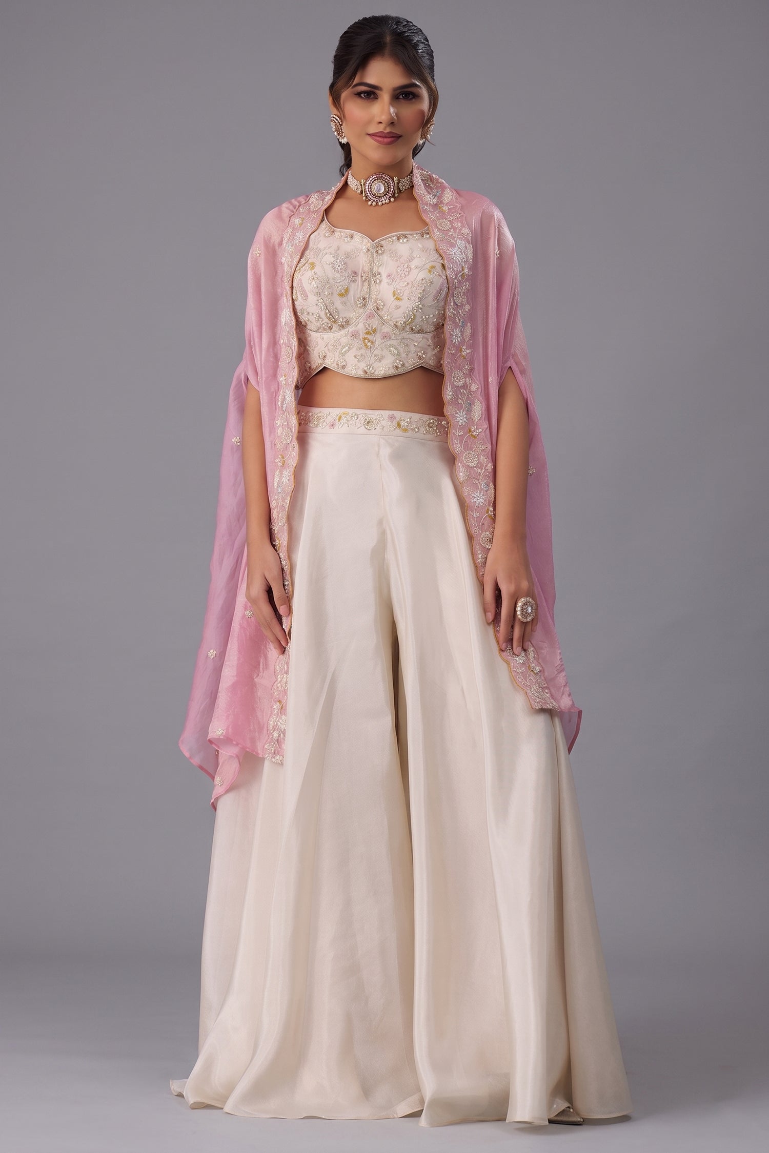 Cream Viscose Cape Palazzo Set - Front View