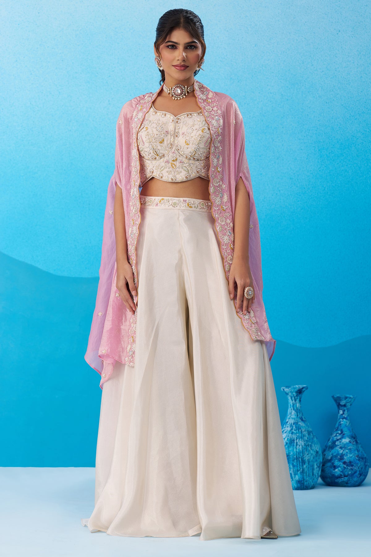 Designer Cream Viscose Cape Palazzo Set for festive wear