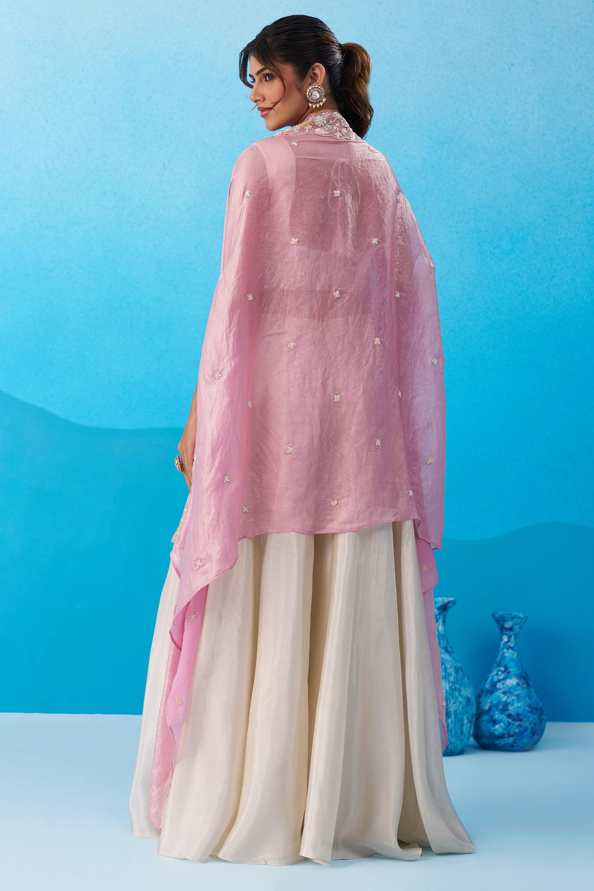 Cream Viscose Cape Palazzo Set with crop top and flared palazzo