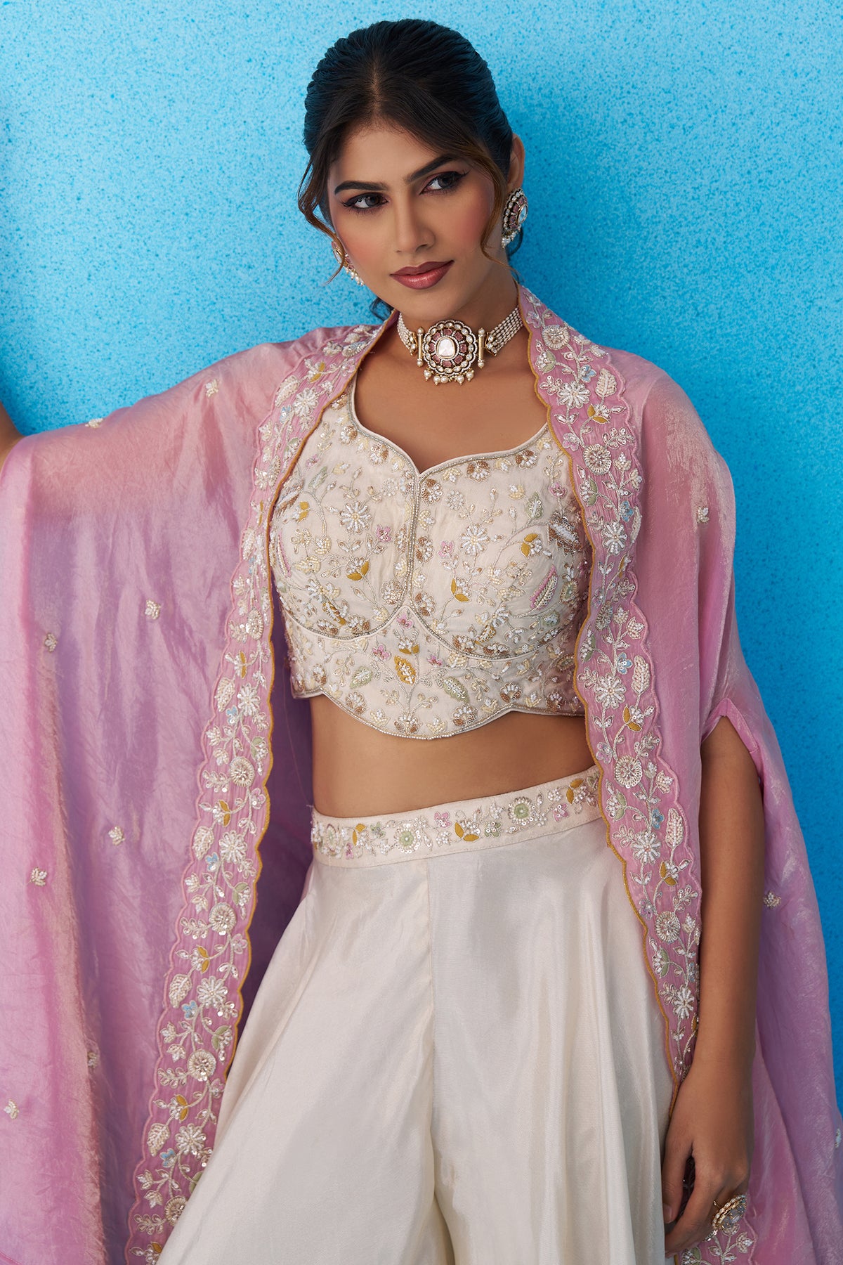 Cream Viscoce Embroidered Crop Top with Flared Cape And Palazzo Set - red saree embroidered