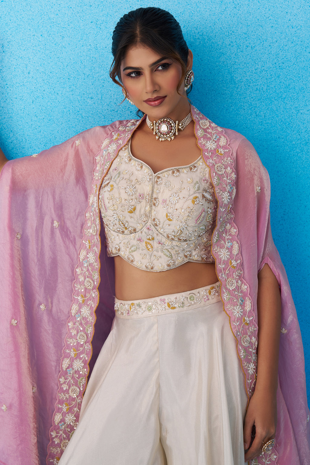 Cream Viscoce Embroidered Crop Top with Flared Cape And Palazzo Set - red saree embroidered