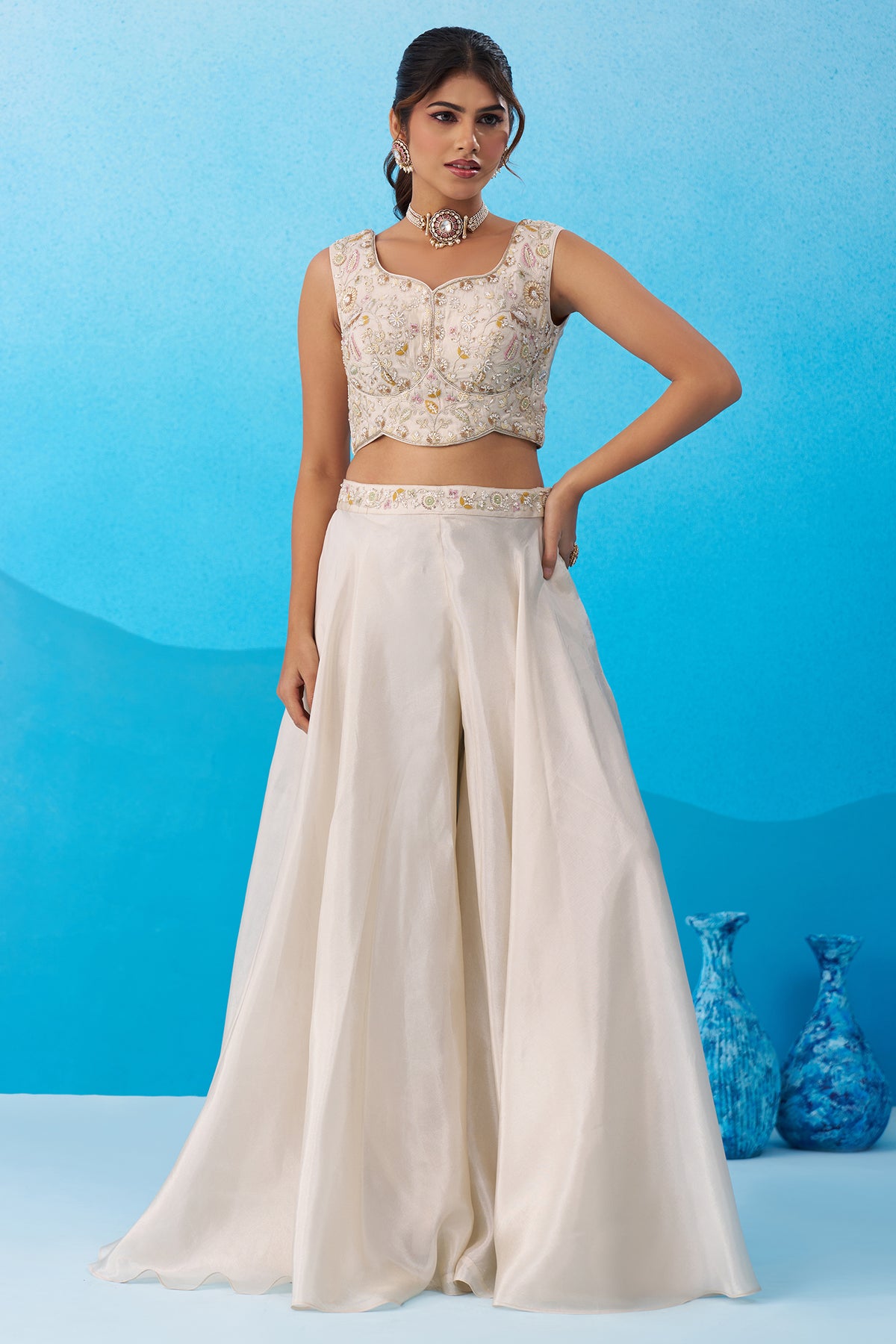 Flared cape details of the Cream Viscose Cape Palazzo Set