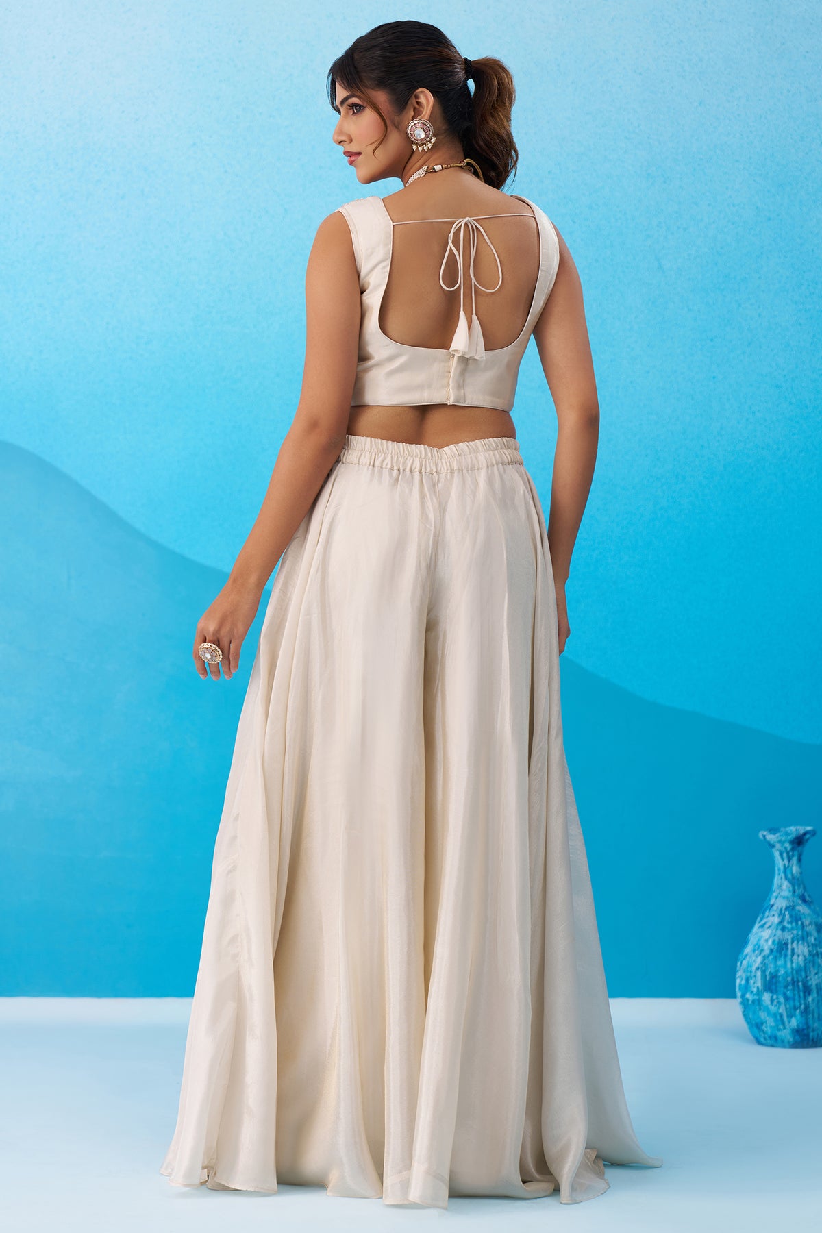 Cream Viscoce Embroidered Crop Top with Flared Cape And Palazzo Set - red saree embroidered