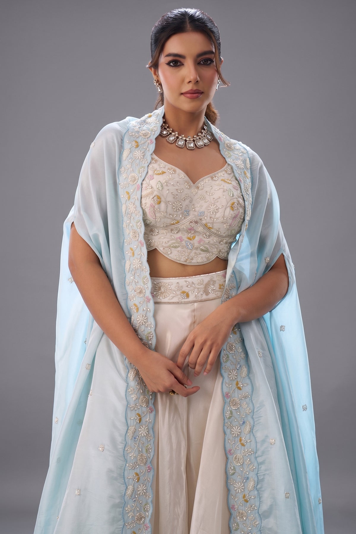 Close-up of beads embroidery on the Cream Viscose Cape Palazzo Set