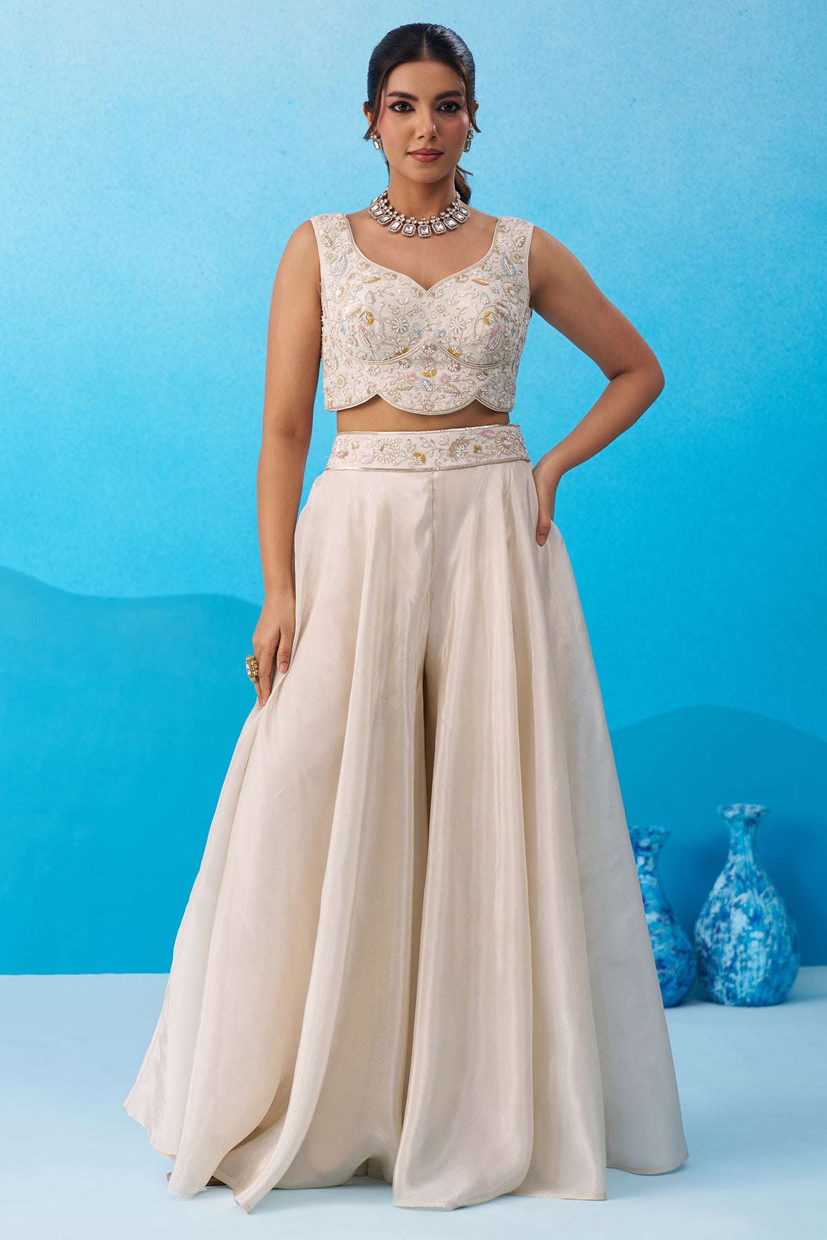 Flared cape details of the Cream Viscose Cape Palazzo Set