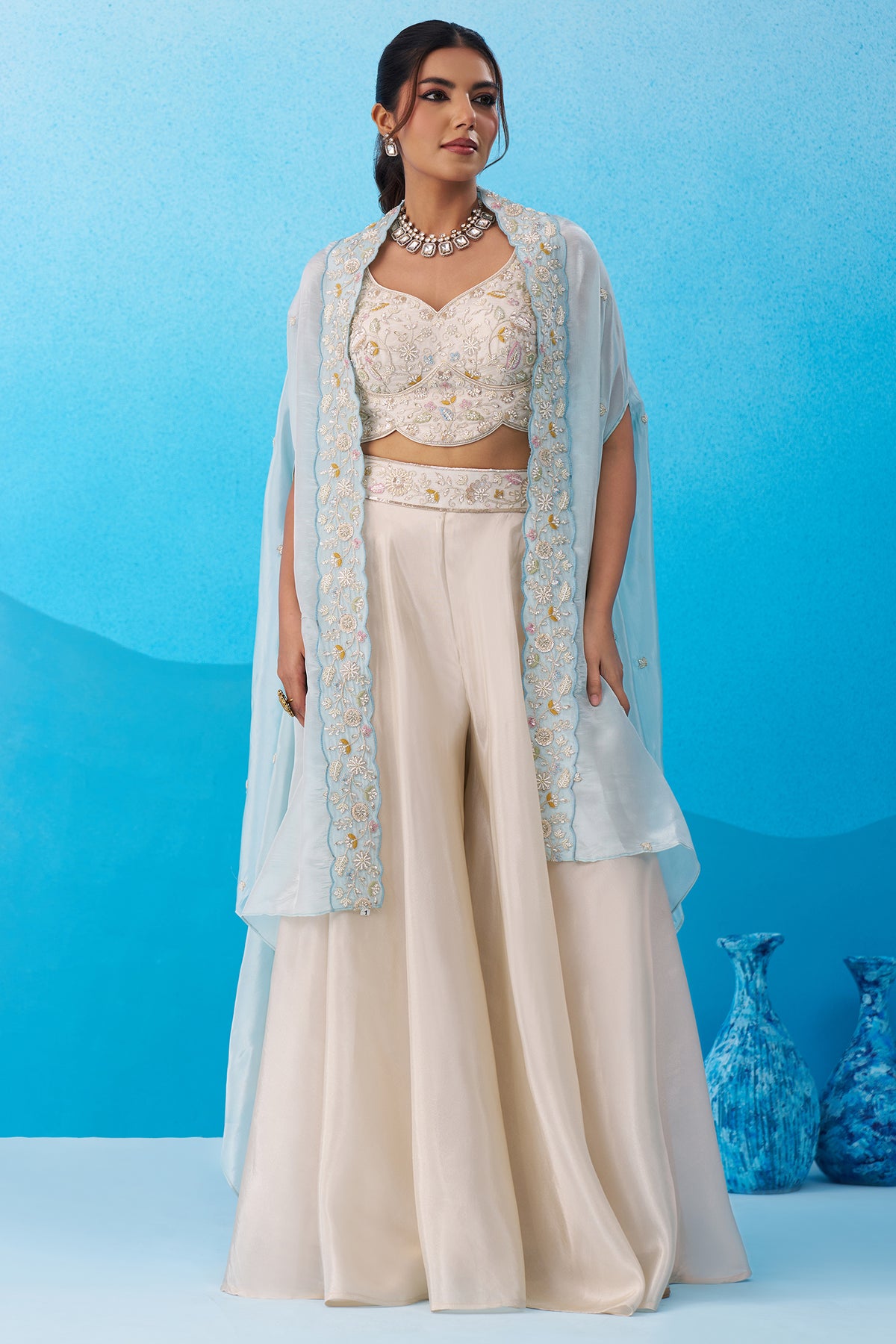 Designer Cream Viscose Cape Palazzo Set for festive wear