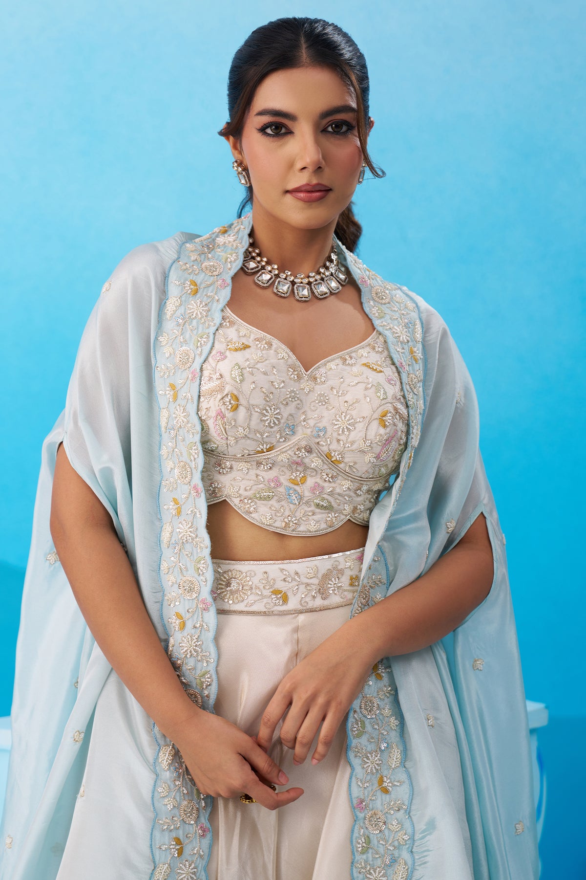 Cream Viscose Cape Palazzo Set with crop top and flared palazzo
