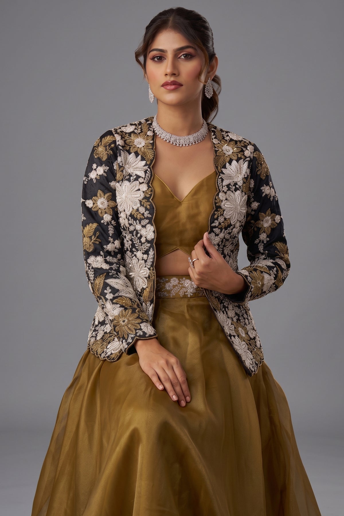 Close-up of the floral embroidered jacket on the Golden Mustard Tissue Palazzo Set