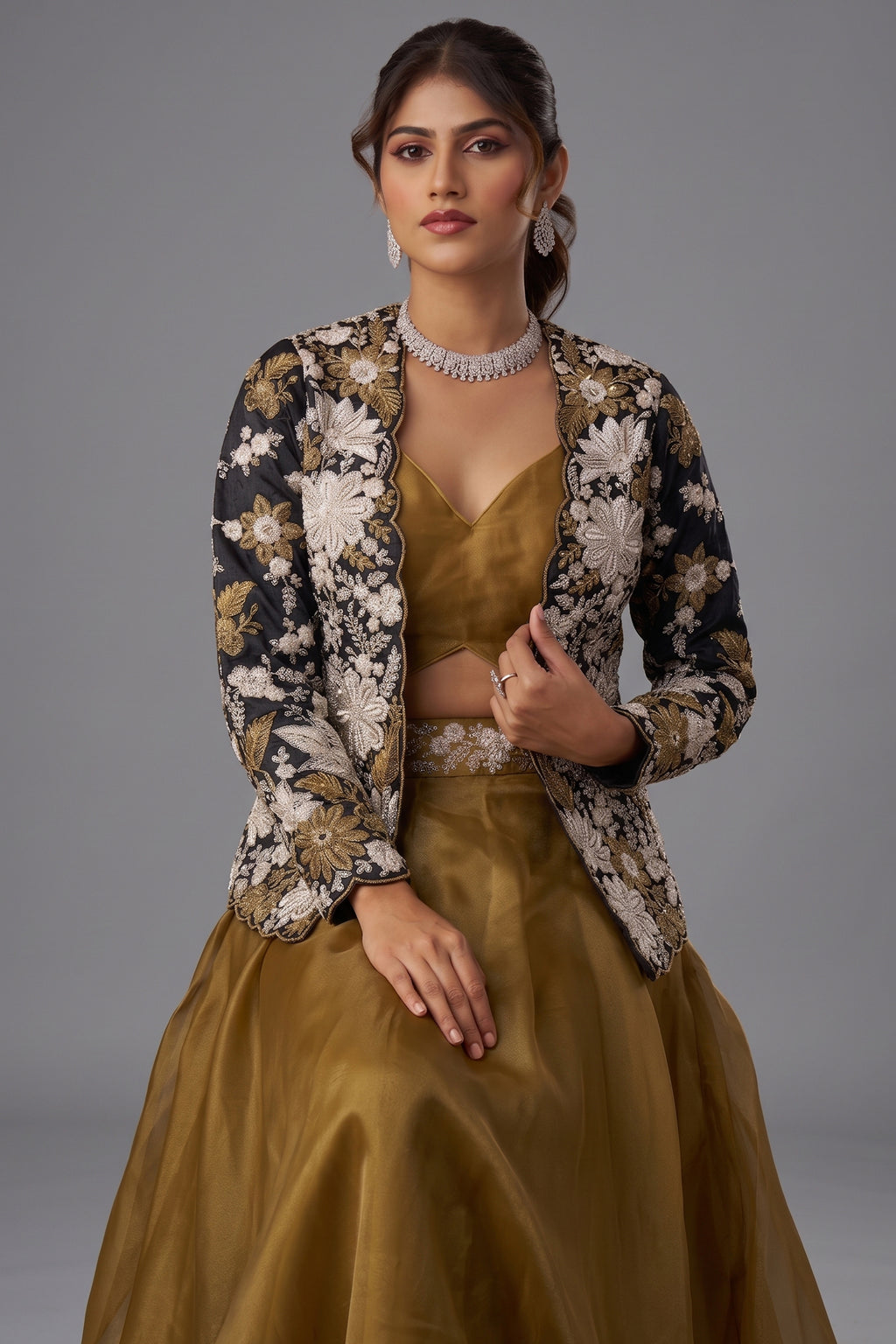 Close-up of the floral embroidered jacket on the Golden Mustard Tissue Palazzo Set