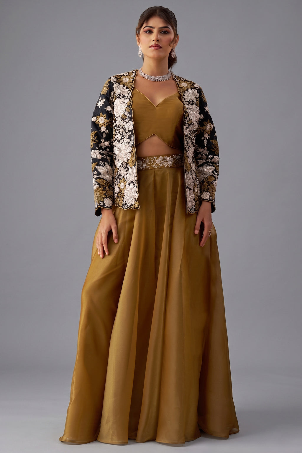 Golden Mustard Tissue Palazzo Set - Front View